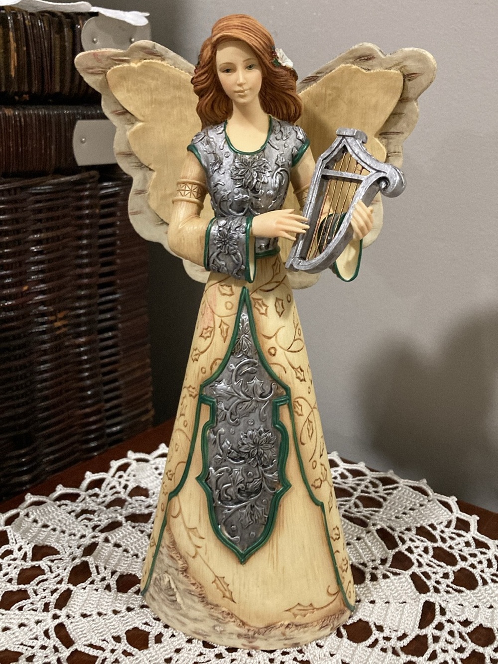 Element Decorative Angel Figurine in Cream, Green and Silver